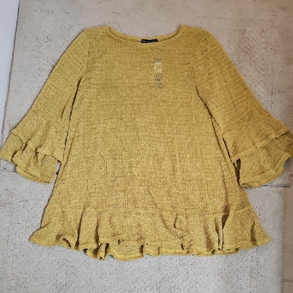 Nally & Millie Mustard Textured Tunic Top Ruffled Hem & Layered Bell Sleeves - Picture 10 of 10